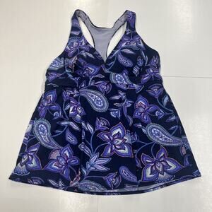 Lands End Swim top Tankini Womens Purple Paisley Razorback Built in Bra Size 8